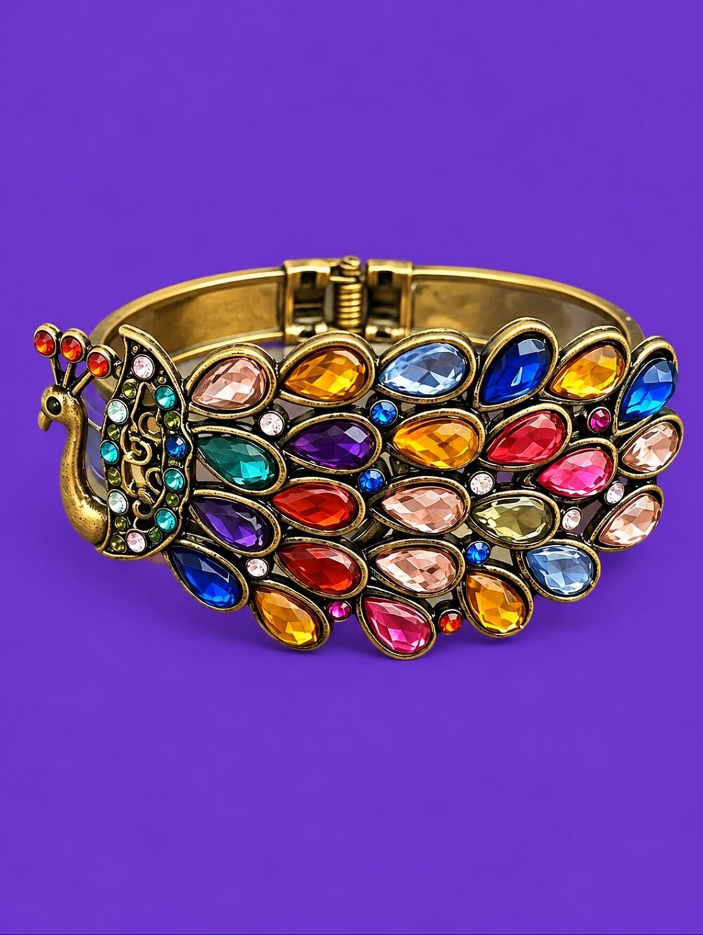 Vintage Rainbow Gem Peacock Castlecore Chunky Clamper Bangle Bracelet